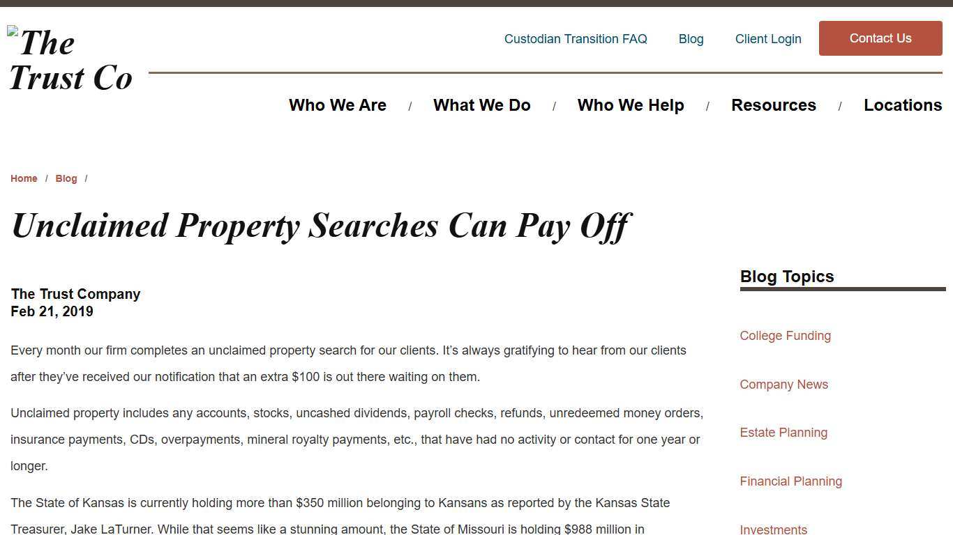 Unclaimed Property Searches Can Pay Off The Trust Company